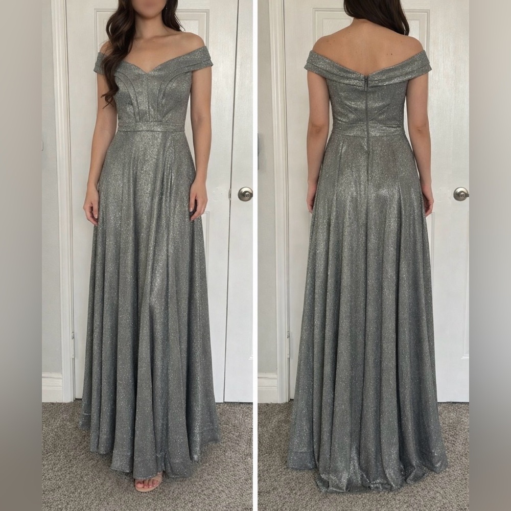 Ricci Silver Shimmer Off Shoulder Gown Formal Prom Maxi Dress Size 4